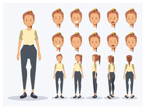 Set of Flat Vector Character woman wear casual clothing with various views, C Stock Illustration