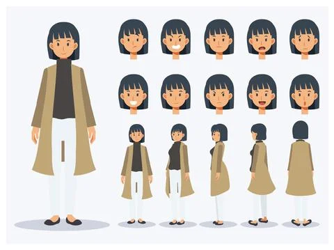 Set of Flat Vector Character woman wear casual clothing with various views, C Stock Illustration