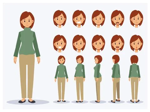 Set of Flat Vector Character woman wear casual clothing with various views, C Stock Illustration