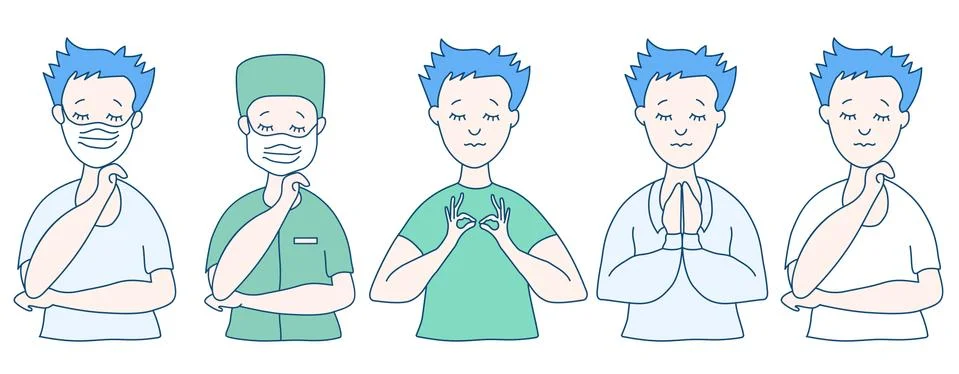 Set of flat vector characters with closed eyes. A guy in different clothes and Stock Illustration