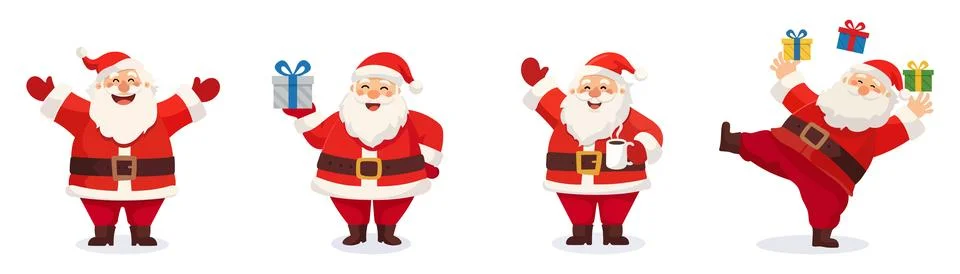 A set of flat vector Christmas illustrations. Cute Santa Clauses in differe.. Stock Illustration