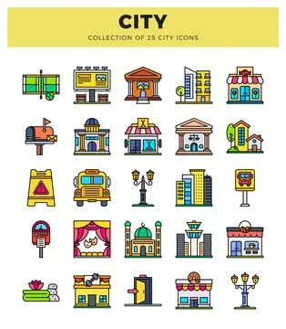 Set of flat vector city icons illustrating various urban elements and buildin 스톡 일러스트