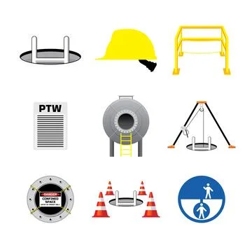 Set of flat vector, colorful, and isolated confined space work icon Stock Illustration