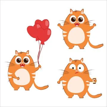 A set of flat vector cute kittens. Cat, flat, kitten, emotion, comic Stock Illustration