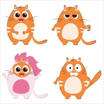 A set of flat vector cute kittens. Cat, flat, kitten, emotion, comic Stock Illustration
