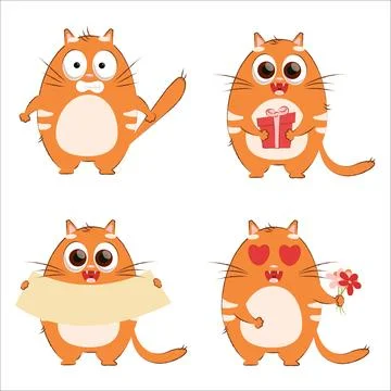 A set of flat vector cute kittens. Cat, flat, kitten, emotion, comic Stock Illustration