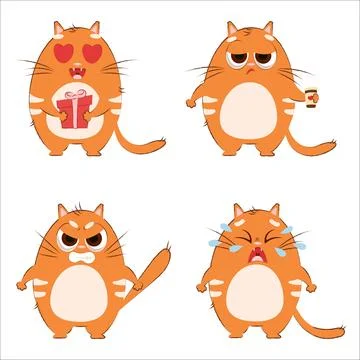 A set of flat vector cute kittens. Cat, flat, kitten, emotion, comic Stock Illustration