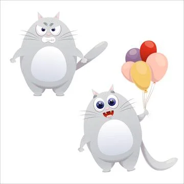 A set of flat vector cute kittens. Cat, flat, kitten, emotion, comic Stock Illustration