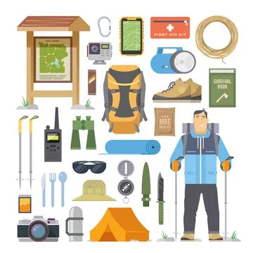 Set of flat vector elements on the theme of Climbing, Trekking, Hiking, Wal.. Illustrazione stock