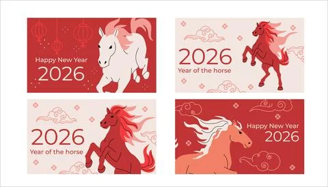 Set of flat vector greeting cards for Chinese New Year 2026. Stylized horses Stock Illustration