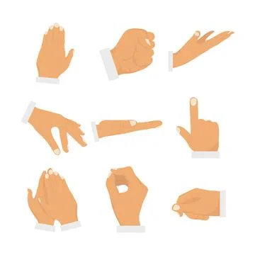 Set of flat vector human hand gestures and palm positions isolated on white.. Stock Illustration