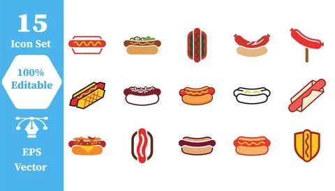 Set of flat vector icons featuring various styles of hot dogs hot dog colorfu Stock Illustration