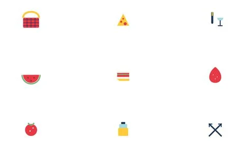 Set of flat vector icons for picnic and outdoor activities including food a.. Ilustração Stock