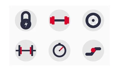 Set of flat vector icons representing fitness equipment and gym workout ele.. Ilustração Stock