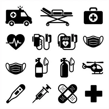 Set of Flat Vector Icons Representing Essential Medical and Healthcare Equi.. 스톡 일러스트