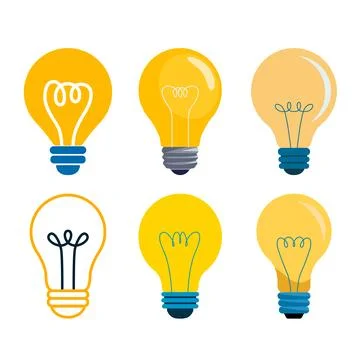 A set of flat vector icons showing various light bulbs, including classic i.. Stock Illustration