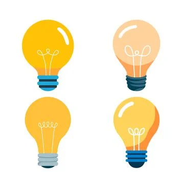 A set of flat vector icons showing various light bulbs, including classic i.. Stock Illustration
