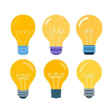A set of flat vector icons showing various light bulbs, including classic i.. Stock Illustration