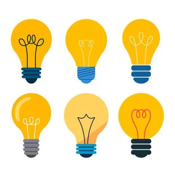 A set of flat vector icons showing various light bulbs, including classic i.. Stock Illustration