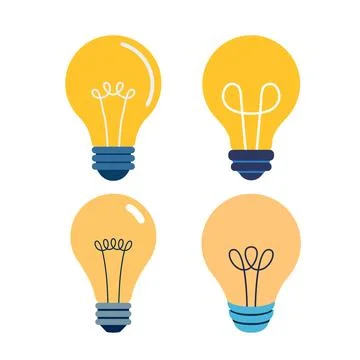A set of flat vector icons showing various light bulbs, including classic i.. Stock Illustration