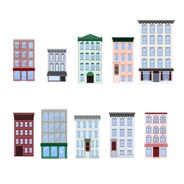 Set of flat vector illustration of walk-up residential apartment buildings Stock Illustration