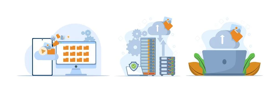 Set of flat vector illustrations for cloud storage, file download. Stock Illustration