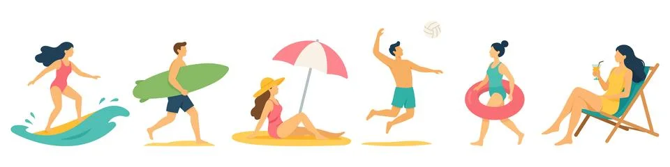 Set of flat vector illustrations depicting people enjoying summer beach activ Stock Illustration