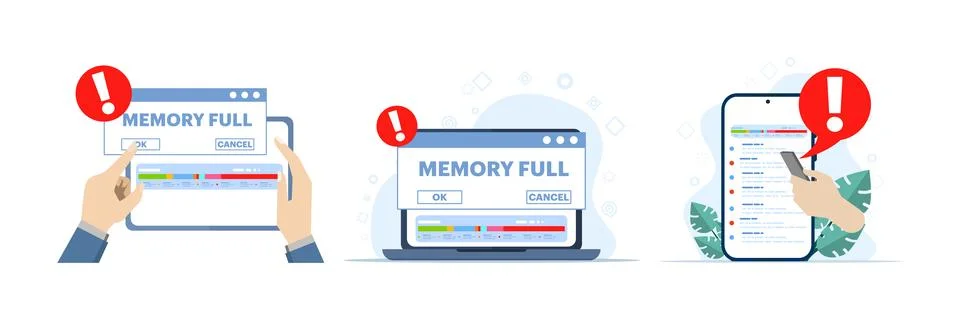 Set of flat vector illustrations of full storage notification, Stock Illustration