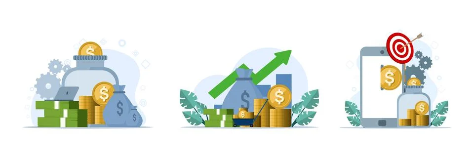 Set of flat vector illustrations for investment and financial growth 스톡 일러스트
