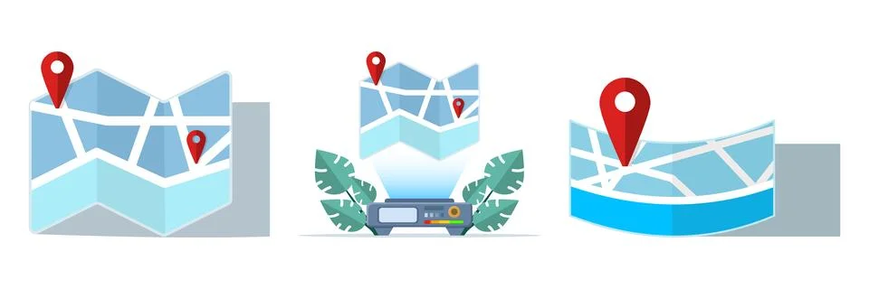 Set of flat vector illustrations for location pointer icons, featuring city map. 스톡 일러스트