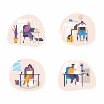 Set of flat vector illustrations - people sitting at desk with laptops and Stock Illustration