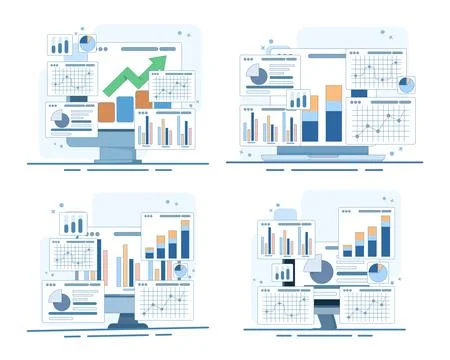 Set of flat vector illustrations for performance monitoring and data analysis Иллюстрация