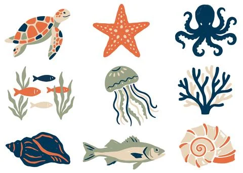 Set of flat vector illustrations of sea creatures in a cartoon style Stock Illustration
