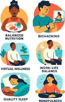 Set of flat vector illustrations showing healthy lifestyle concepts includi. Stock Illustration