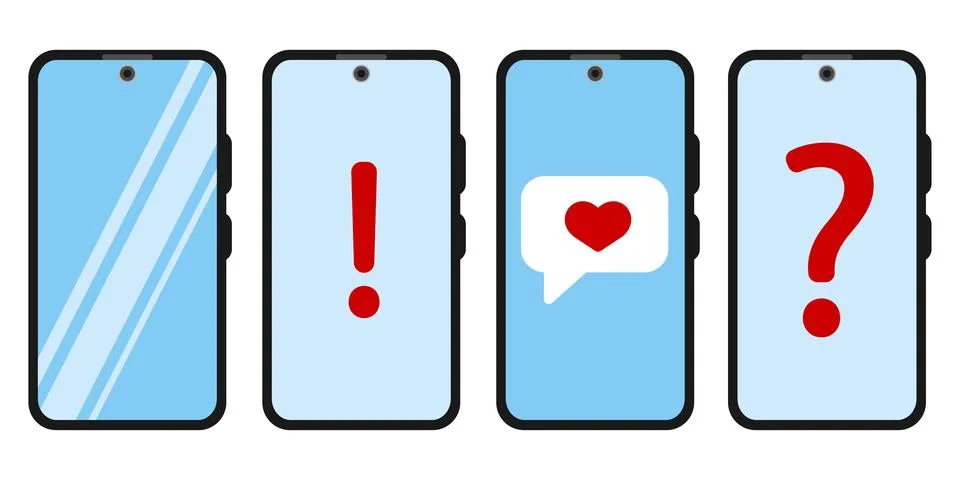 Set of flat vector illustrations of smartphones. Love message. Important notice. Stock Illustration