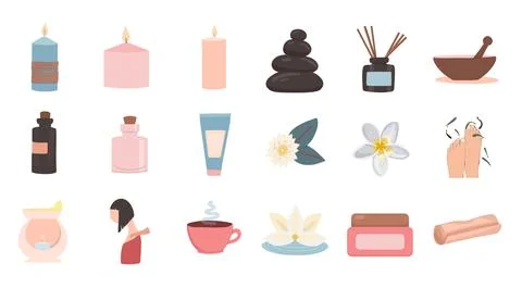 Set of flat vector illustrations of spa service. Items for spa treatments. We 스톡 일러스트