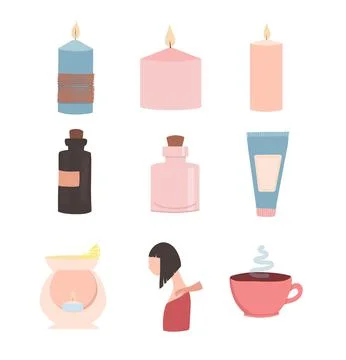 Set of flat vector illustrations of spa service. Items for spa treatments. We Illustrazione stock