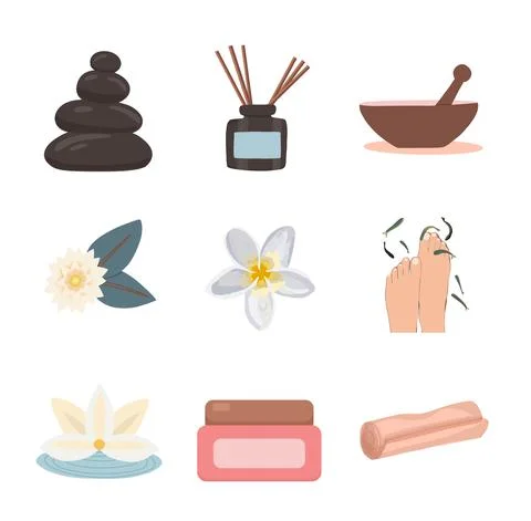 Set of flat vector illustrations of spa service. Items for spa treatments. We Stock Illustration