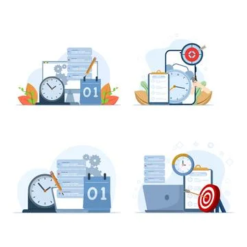 Set of flat vector illustrations for time schedule and management Ilustração Stock