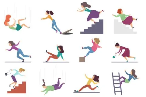 Set of flat vector injuring female woman falling down the stairs and over the Ilustração Stock