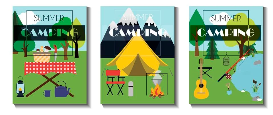A set of flat vector leaflets for summer camping, Hiking and tourism. Three Stock Illustration