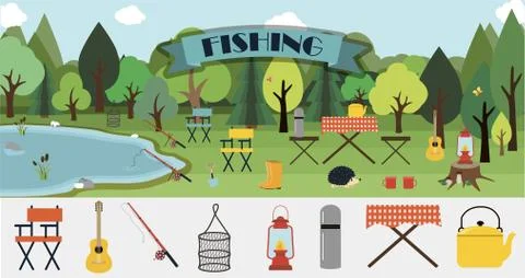 A set of flat vector leaflets for summer fishing, Hiking, picnic and tourism 스톡 일러스트