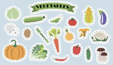 Set of flat vector mushrooms and vegetables. Bright stickers with the image of Stock Illustration