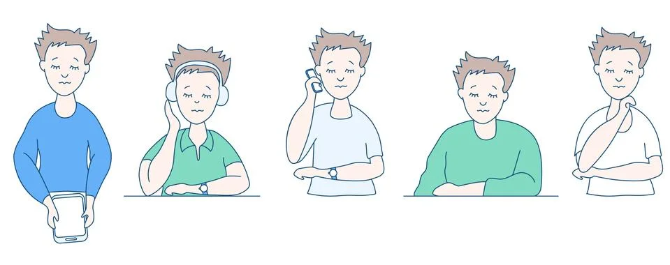 Set of flat vector people with closed eyes and gadgets. Men in different dresses Stock Illustration