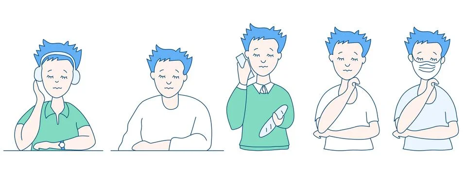 Set of flat vector people with closed eyes. Men in different clothes, in Stock Illustration