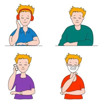 Set of flat vector people with closed eyes. A young man in different clothes Illustrazione stock