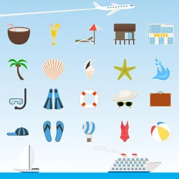 Set of flat vector travel and tourism icons. Stock Illustration