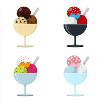 Set of flat vector vases with ice cream balls. Multi-colored Gelato balls with Stock Illustration