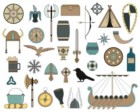 Set of flat viking elements. Scandinavian culture and traditions. Stock Illustration