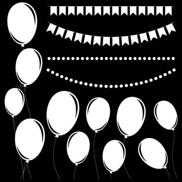 Set of flat white isolated silhouettes of balloons on ropes and garlands of f Stock Illustration